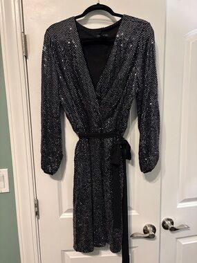 Black Sequin Wrap Dress with Long Sleeves and Self-Tie Waist